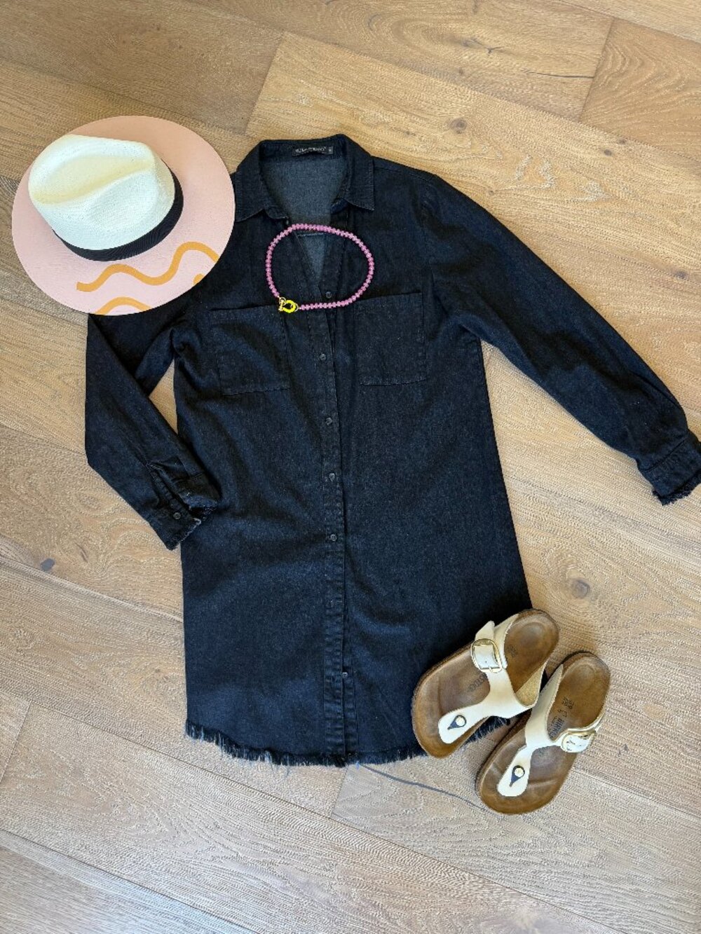 Frayed Hem Long Sleeve Denim Mini Shirt Dress - Black
